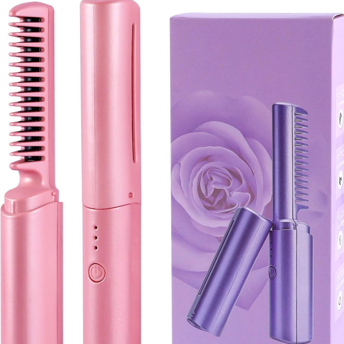 Mini Plancha De Pelo Recargable 2en1 Cepillo y Rizador Rosa